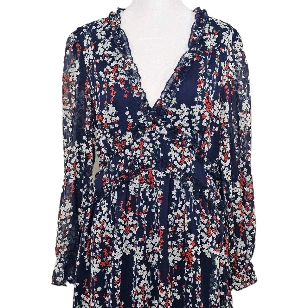 SHEIN Maxi Dress, Blue, Ruffles, Sheer, Bohemian, Long Sleeves, Size Large